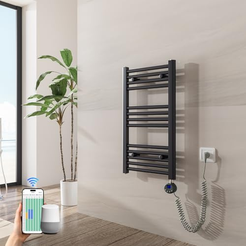 Heilmetz Badheizkörper Elektrisch mit Smart WiFi Heizstab 300W Leistung 700 x 400 mm Anthrazit Gerade Bad Heizkörper Handtuchwärmer Handtuchtrockner mit Thermostat Timer