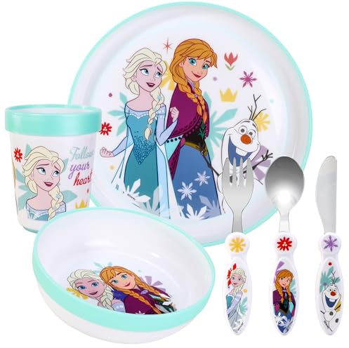 Frozen Kids 6 Piece Reusable Dinner Set - Plate/Bowl/Cup/Knife/Fork/Spoon - Childrens Dinnerware Tableware Cutlery Set