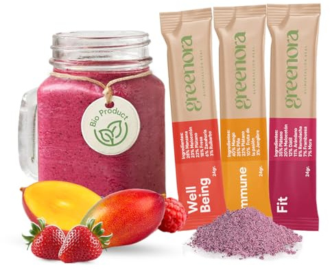 GREENORA Smoothie Vegano de Fruta Liofilizada BIO, Mix de Sabores, Mango, Plátano, Frambuesa, Melocotón y Remolacha en Polvo, Ideal para Desayunos, Sin Azúcar, 9 Unidades (Sticks).