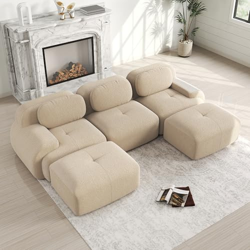 Bladez Modernes 3-Sitzer Cord Sofa Modulares U-förmiges Ecksofa mit Ottoman Hocker, Ohne Montage, Cloud Polstersofa Couchs kombinierbar, für Wohnzimmer (Beige, 3-Sitzer+2)