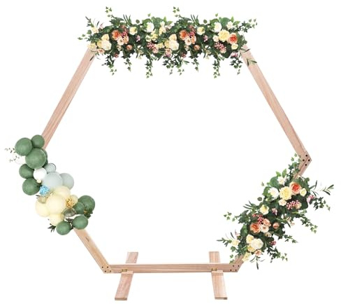 Hexagon - Arco d'uva in legno rustico, 2,33 x 2,25 m, arco per fiori fai da te con ancora per erba, carico stabile di 5 kg, arco da giardino vintage come sfondo fotografico, senza attrezzi