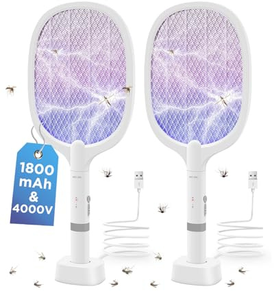 AOKKR Raquette Électrique Insectes Lot de 2, Raquette Anti-Moustiques à Lumière UV 4000V 2 en 1, 1800mAh USB Rechargeable Tapette à Mouches Électrique avec Base de Recharge pour Intérieur et Extérieur