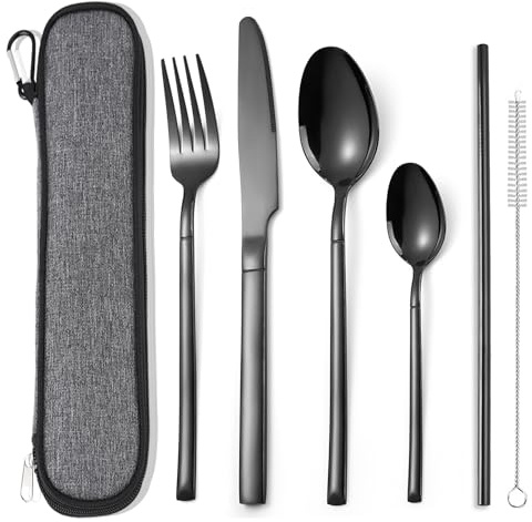 AARAINBOW Portable Cutlery Set for 1 Person, Stainless Steel Knife Fork Spoon Straw Set. 6-Piece Flatware Set with Bag, Suitable for Travel Camping Work, Dishwasher Safe, Black