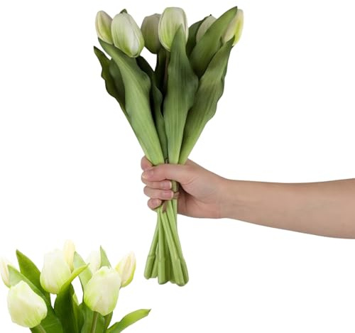 Esshogo 1 Set 32 cm Künstliche Tulpen Wie Echt, Tulpenstrauß mit 4 Tulpen und 3 Tulpenknospen, Kunstblumen Tulpenbund, Cremeweiße Silikon-Tulpen
