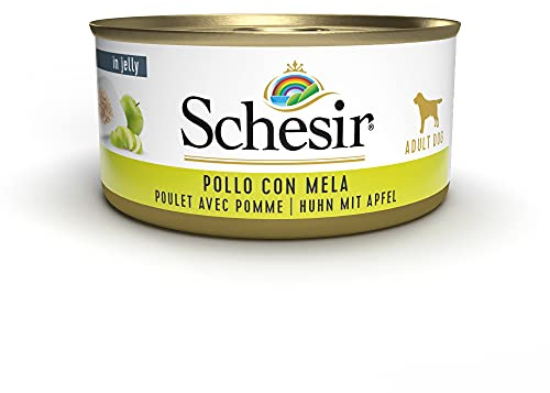 Schesir, Alimento Húmedo para Perros Adultos Sabor Filetes De Pollo con Manzana Preparado En Gelatina con Verdaderos Trozos De Fruta - Total 2,7 Kg (18 Latas De 150 G)