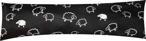 Renforcé Seitenschläferkissen Bezug 40x145cm - Süße Schafe Schwarz (91-1-B) | 100% Baumwolle, Kissenbezug, Kissenhülle, Lämmer in Schwarz & Weiß, Reißverschluss auf der langen Seite