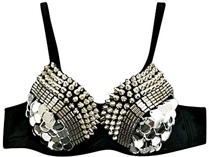 BBRS Damen Fashion Strass Sexy New Punk Lady Goth Silber Party Nieten BH C, Schwarz , Large