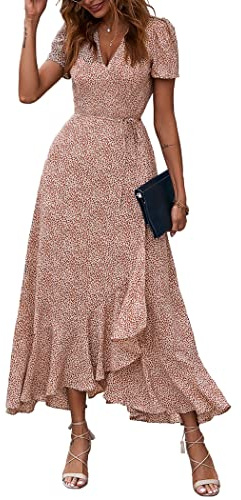 PRETTYGARDEN Women's Summer Wrap Maxi Dress Casual Boho Floral V Neck Short Sleeve Ruffle Hem Split Beach Long Dresses (Brown,X-Large)