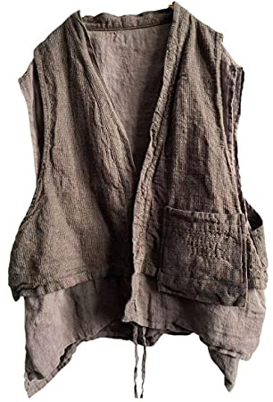 NFYM Gilet in lino senza maniche aperto davanti Kimono Cardigan Hippie Gilet vintage con tasche, Grigio, taglia unica