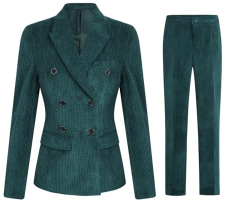 YFFUSHI - Completo da donna in 2 pezzi, in corduroy, tailleur con pantaloni, doppio petto, da lavoro, blazer slim a maniche lunghe e pantaloni, Verde, L