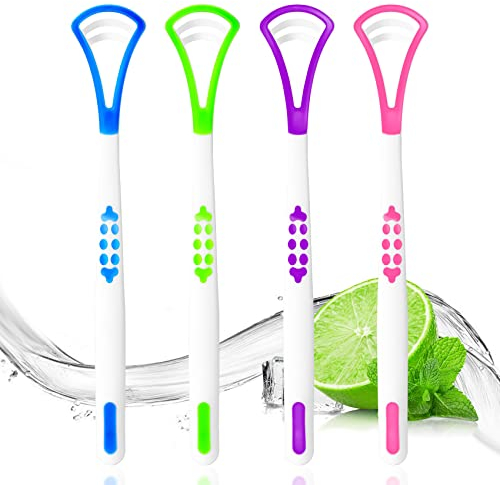 Annhua Tongue Scraper for Adults 4 Pack, Silicone Tongue Cleaner with Double Sided, Portable Tongue Brush for Fresh Breath and Reducing Tongue Coating Deposits - Blue, Green, Red, Purple
