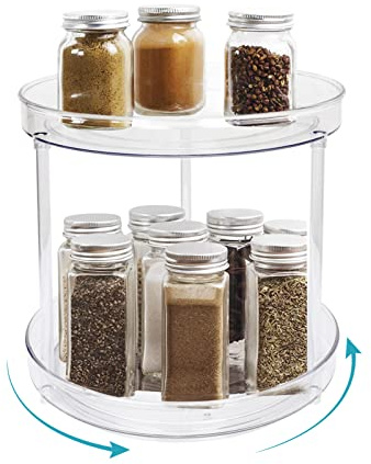 WWW Lazy Susan Turntable Spice Rack, 2-Tier Plastic Cupboard Organiser, Rotating Lazy Susan Fridge Organiser Holder for Kitchen and Pantry Storage Rack for Spice Jars, Snacks, Drinks, Make up