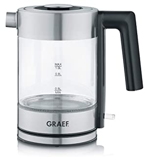 GRAEF Glaswasserkocher WK300 - Wasserkocher 1 Liter, Hochwertiges Design, SCHOTT DURAN Glas, Edelstahl, LED-Beleuchtung, Füllmengenmarkierung, 360° Basis, Kalkfilter, Leistungsstarke 2200 Watt