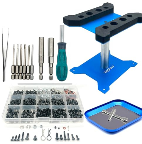 TEIRAY Set di strumenti di riparazione per auto RC, rotazione a 360 gradi e 600 viti RC e viti, kit pallet e cacciaviti RC per 1/8 1/10 1/12 1/16 1/18 RC auto camion crawler (blu)
