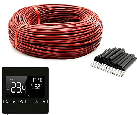 MSEURO 100 m Infrarot-Heizkabel 12 K 33 Ohm/m Silikon-Kohlefaser-Heizdraht for warme Böden mit Temperaturregler-Thermostat Lucky (Color : 100m and MH1822EH)