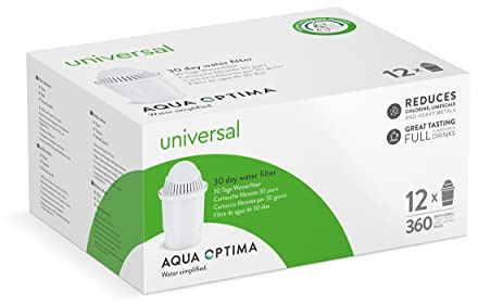 Aqua Optima Water Universal Filter Cartridge, 30 Days (12 Months Supply), Compatible with Brita Classic,5 Stage Filtration System Reduces Chlorine, BPA Free, White (Packaging May Vary)