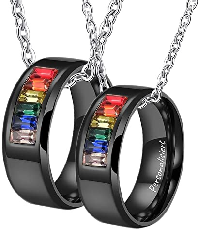 KnSam Partner Ketten Anhänger 2er, Edelstahl Anhänger Ringe 8mm LGBT Paar Halsketten Schwarz mit Zirkonia Bunt, Herrenkette 60cm, Damenkette 50cm, Größe 54 & 62