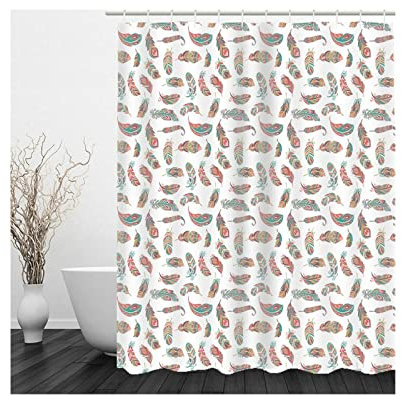 Whoiy Duschvorhang 120X180 Schimmelresistent, Duschrollo Um Die Ecke Polyester Bath Curtains Federn Form Rot Grün für Outdoor Hotel