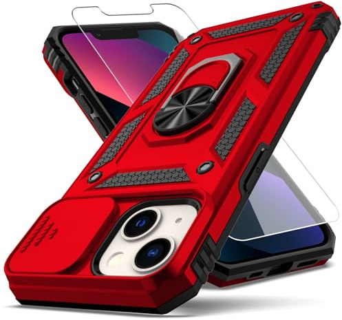 YZOK Custodia per iPhone 13, con copertura per obiettivo della fotocamera, pellicola protettiva per schermo HD, grado militare, supporto per auto con cavalletto ibrido rigido in PC morbido TPU