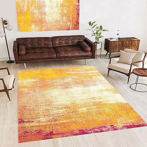 Rug-QJDDUP Area Rugs,Fuchsia, Rose Pink, Bright Yellow, Orange, White, Abstract Pattern, Area Rugs for Living Room Floor Carpet Indoor Home Decor Bedroom,Red Yellow,110 x 160 cm
