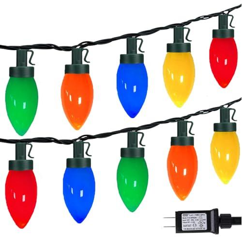 HSXLXSC C9 Christmas Lights Outdoor, 33ft 50 LEDs Christmas String Lights with 8 Modes, 5 Sets Connectable, IP65 Waterproof Outdoor Indoor Vintage Fairy Lights for Christmas Tree Holiday Party Decor