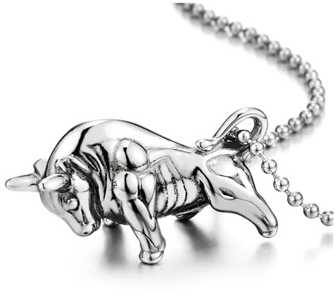 COOLSTEELANDBEYOND Herren Edelstahl Stier Cow Anhänger Halskette mit 60cm Stahl Kugelkette