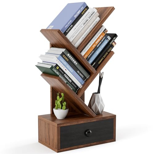 HOMASIS Librería con cajón de Tela sin Tejer en Forma de árbol, Estantería de pie de 5 Niveles en Madera, Estantería de Almacenamiento para Dormitorio, salón y Oficina (30x17,5x60cm, Marrón)