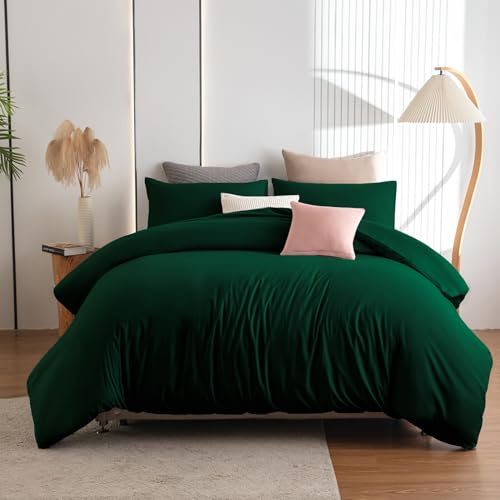 Soifox King Size Duvet Cover Set - Dark Green Bedding Set KingSize Bed with Zipper Closure, Soft Non Iron Microfiber Duvet Cover with 2 Pillowcases