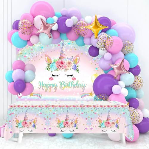 Einhorn Geburtstagsdeko Mädchen - 122pcs Einhorn Kindergeburtstag Deko Folienballon Mit Tischdecke Geburtstag, Birthday Decorations, Einhorn Luftballons Geschenke Für Mädchen Party