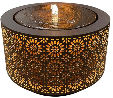 LED Brunnen mit Blumenmuster - Gartenbrunnen mit Schattenspiel - Stahl - D: 50cm - für Außen - Rostbraun (Blumenmuster)
