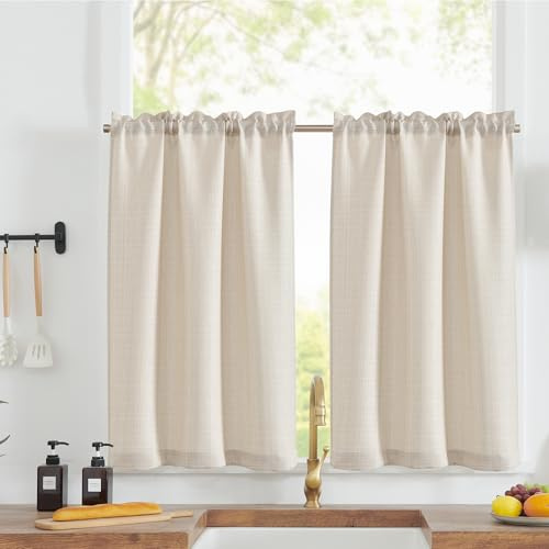 TOPICK Köksgardiner modern bistrogardin ogenomskinliga korta fönster gardiner för badrum bondgård vardagsrum dragsko set om 2, elfenbensvit, 70 B x 90 H (cm)