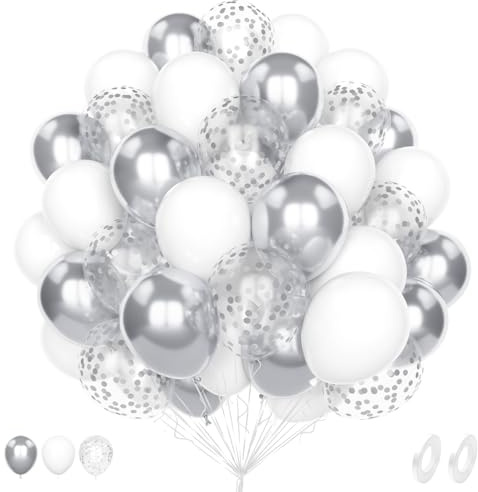Palloncini Bianchi Argento, 60 Pezzi 12 Pollici Opaco Bianchi Metallizzato Argento Coriandoli Palloncini per Matrimonio Cresima Maschio Donna Compleanno Battesimo Anniversario Feste Decorazione | con 2 nastri da 10 m, palloncini coriandoli, lattice ispessito, per matrimoni, compleanni, baby shower, anniversari, lauree