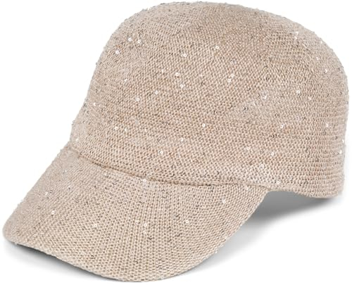 styleBREAKER Damen Sommer Baseball Cap gewebt mit Pailletten | Luftiges Basecap mit Metallschnalle verstellbar | Einfarbige Schildkappe für Strand und Freizeit, Farbe:Beige