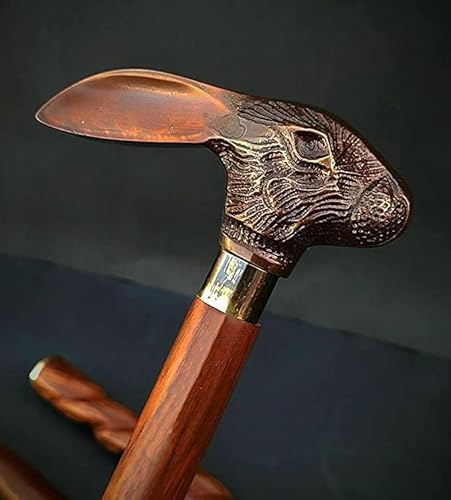 Copper Antique Bunny Head Handle Metal Jackrabbits Foldable Brass Handle Victorian Wooden Walking Stick Cane Ideal Vintage Gift Men Women Father/Mother