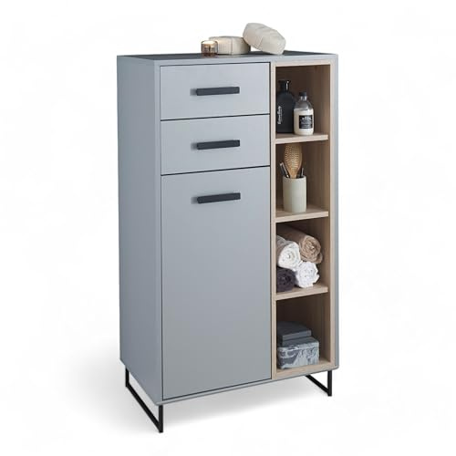 TUNIS Badezimmer Kommode Grau Eiche Sonoma Optik Badezimmerschrank | 65 x 116 x 38 cm (B/H/T), Badezimmer, 1 Tür, 2 Schubkästen, 1 offenes Fach, 3 Einlegeböden, schwarze Kufenfüße, mit Stauraum