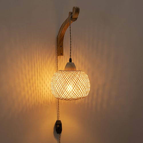 Jadssox Retro-Rattan-Wandleuchte, Wandleuchte aus Holz mit Steckkabel, Bambus-Laterne, Wandleuchte, Boho-Wandleuchten für Wohnzimmer, Schlafzimmer, Bauernhaus, Restaurant