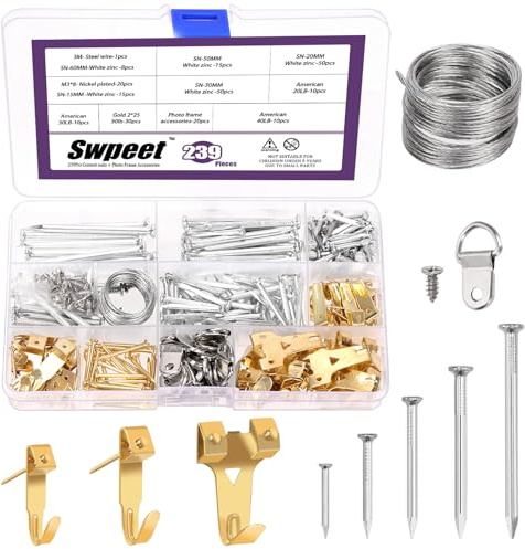 Swpeet 239 st bild hängande kit, bildram hängare verktyg, inklusive gyllene upphängningskrokar, D-ring, spikar för att hänga bilder, tråd, självgängande skruv, för gipsväggscement väggdekoration