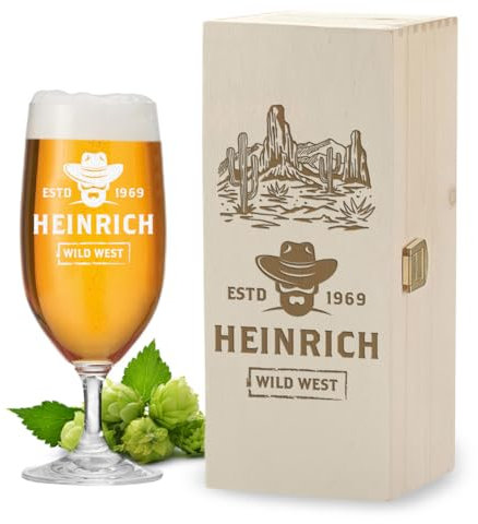 polar-effekt Leonardo Bierglas Tulpe 0,3 L und Holzkiste 2-tlg Set mit Gravur - Vatertagsgeschenk für Männer - Spülmaschinenfestes Glas für Pils, Export und Lager