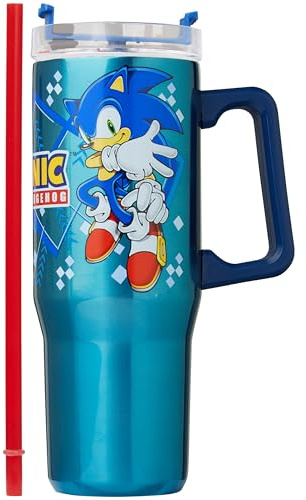 Get Trend Sonic THE Hedgehog Insulated Tumbler with Straw 940ml/32oz, Stainless Steel Travel Mug for Hot & Cold Drinks, Metal Water Bottle, Coffee Cup (Blue Sonic/Shadaw)