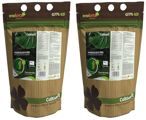 CULTIVERS Abono con Aminoácidos 85% + Hierro 2x1 kg. Fertilizante de Alta concentración Ecológico. Plantas más vigorosas y Negras (exentas de carencias nutricionales). Bioestimulante para plantas