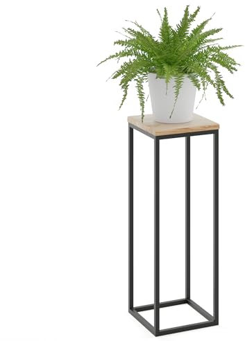 LAMO Manufaktur Blumenständer Metall Schwarz | Pflanzenständer Holz mit Natur Farbe | Blumenhocker hoch 70 cm für Zimmerpflanzen | 100% Echtholz | Sockel für Wohnzimmer Dekoration