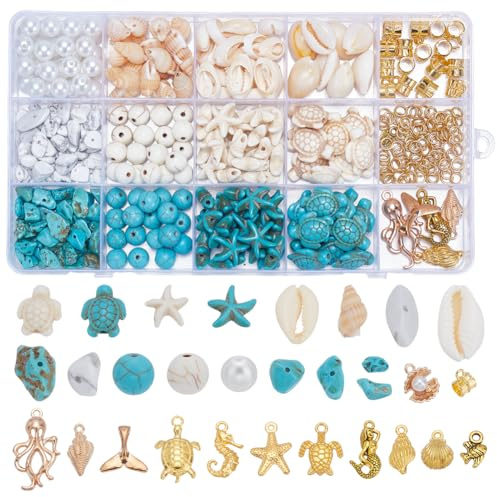UNICRAFTALE über 500 Stück Ozean-Seestern-Muscheln-Schildkröten-Deko-Metall-Anhänger Türkisfarbene Perlen Sommer-Strand-Kugelperlen Goldene Meerestier-Perlen für die Schmuckherstellung