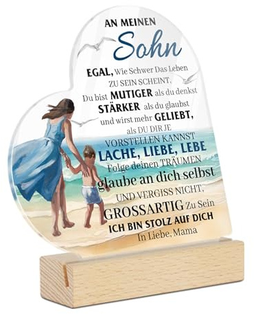 Putuo Decor Herzförmiges Acryl Tischdeko mit Holzsockel für Sohn, Handgemacht Acryl-Plakette Geschenke für Sohn zum Geburtstag,Sohn Geschenke von Mama