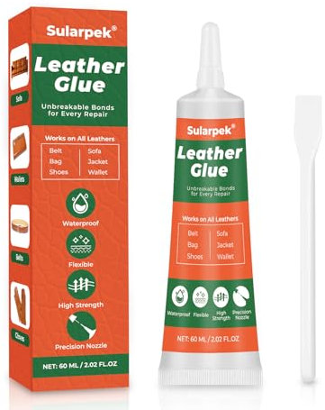 Sularpek Pegamento de Cuero Adhesivo, 60 ML Pegamento para Cuero Extra Fuerte, Transparencia Resistente al Agua, para Carteras, Asientos de Coche, Zapatos, Bolsos y Sofás