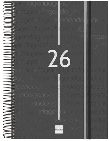 Finocam - Spiralkalender 2026, 1 Tag pro Seite, Januar - Dezember (12 Monate), A4-Jahresplaner 2026, mit Gummizug, Einband aus Polypropylen, Spiralbindung, Schwarz, Katalanisch