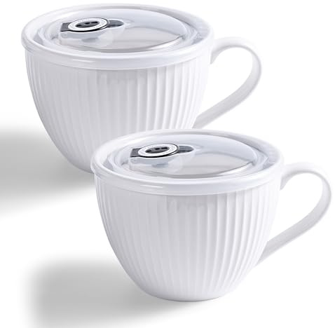 Lot de 2 grands bols à soupe en céramique avec couvercle, 680 ml, passent au micro-ondes, avec poignées pour ramen, porridge, préparation des repas, petit déjeuner, cadeau idéal pour pendaison de