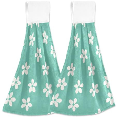 tplaotee Flower Turquoise Hand Towels with Hook Loop 2 Pack Childrens washcloths wash Cloths with Hanging Loop