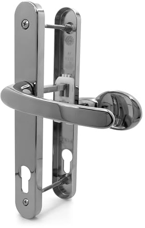 TSS UPVC Door Handle Pair Set with Offset Lever and Pad, 95/65mm PZ Centres (Internal = 95mm / External 65mm), Sprung, 200mm Screw to Screw, Backplate 250mm x 34mm (Polished Chrome)