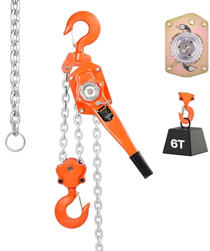 VEVOR Paranco a Catena Manuale a Leva, Capacità 6000 kg, Catena in Lega di Acciaio G80 con Sollevamento di 6 m e Freno Meccanico a Doppio Nottolino, Ganci Rotanti, per Magazzino Garage