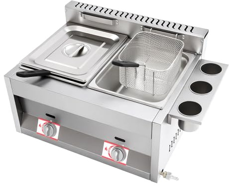 Gasfritteuse 2 * 6L Fritteuse Commercial Elektro Fritteuse Doppel Gasfritteuse Edelstahl mit Frittierkorb Seitliche Gewürzbecher und Deckel 50-380°C Temperatur Einstellbar für die Restaurant